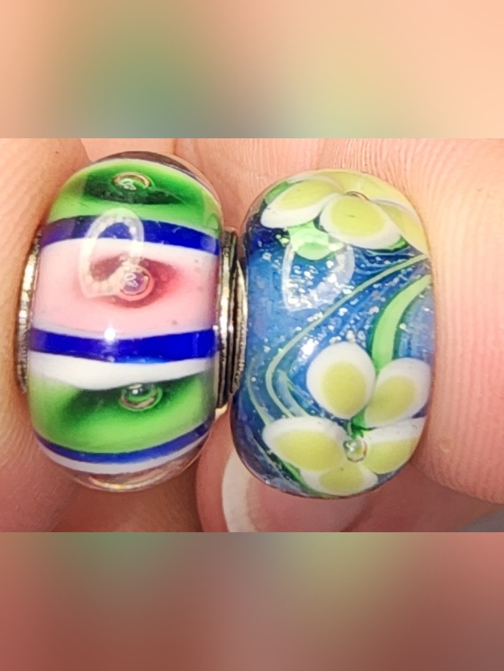 2-Glass Floral Blue & Multicolor Lampwork Bead Charm